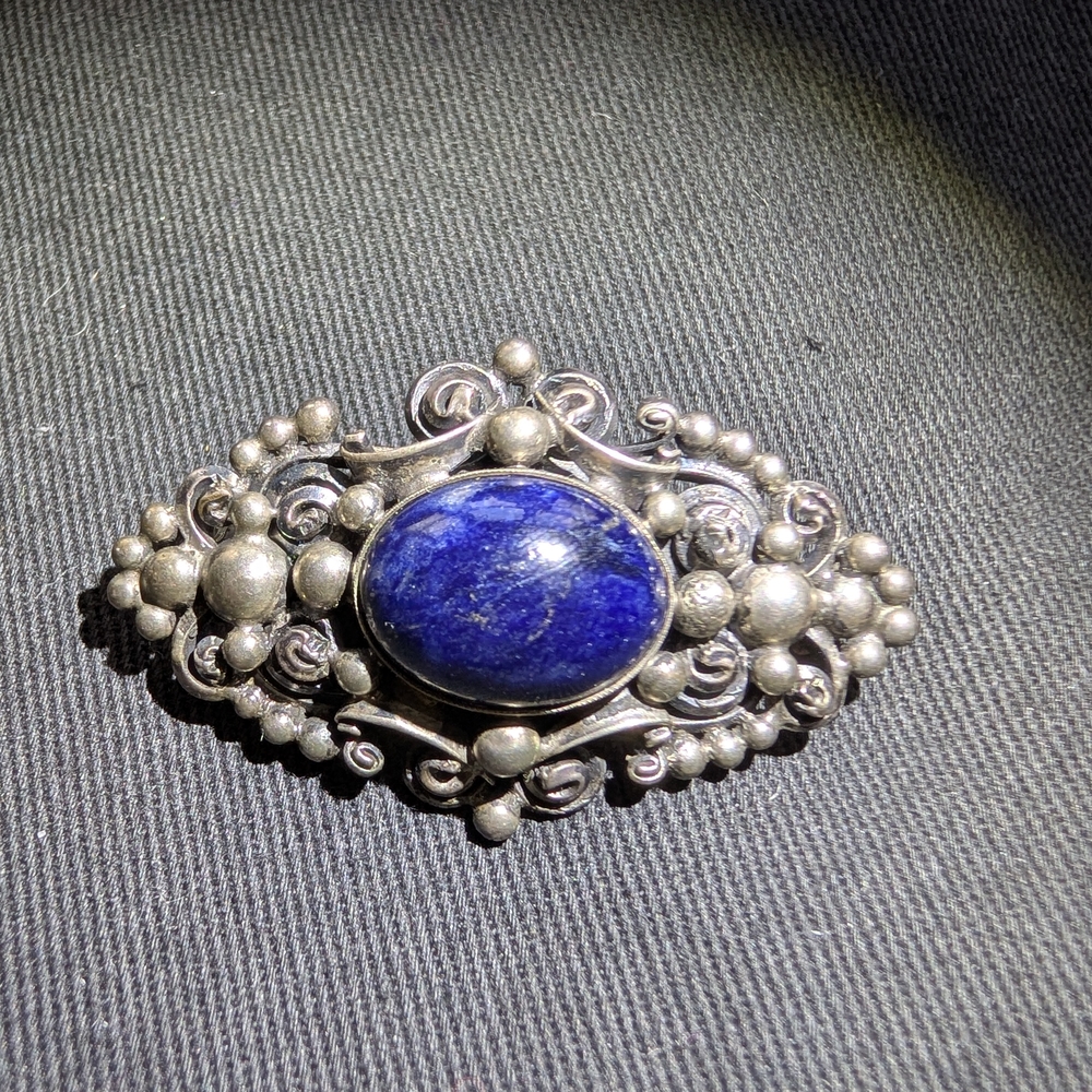 Victorian-Inspired Blue and Silver Brooch with Lapis Lazuli